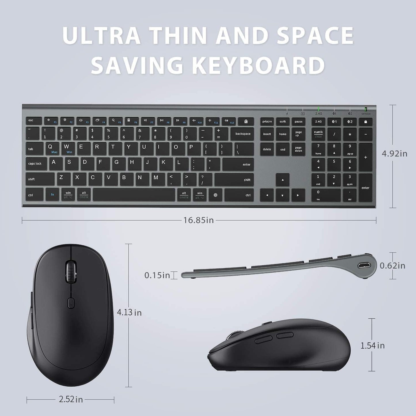 DK03 Rechargeable Dual-Mode Bluetooth Keyboard and Mouse Combo - Ultra-Slim Multi-Device Wireless Solution for Mac, iPad, Apple, Android, and Windows (Bluetooth 4.2 + 2.4G)