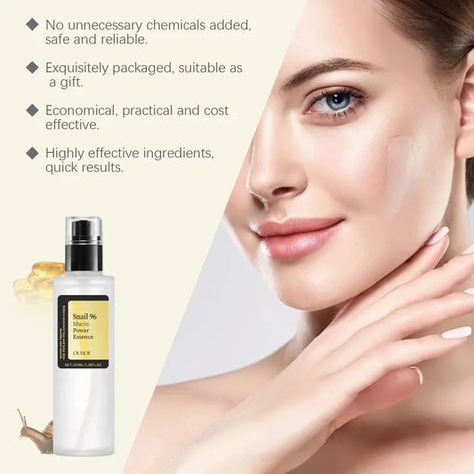 Image of Advanced Snail 96 Mucin Power Essence with before and after results for moisturizing and firming skincare.