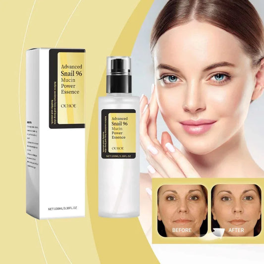 Image of Advanced Snail 96 Mucin Power Essence with before and after results for moisturizing and firming skincare.