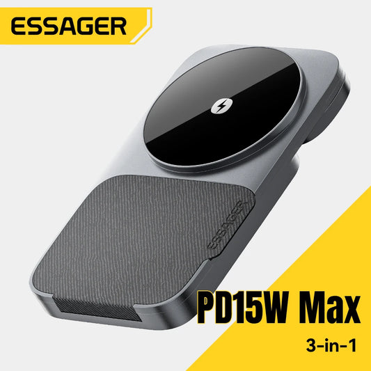 Essager 3-in-1 Portable Folding Wireless Charger Stand 15W Magnetic for iPhone 17/16 AirPods Apple Watch - MagSafe Fast Charging