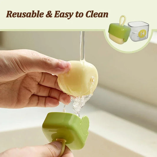 Hand using a Washable Lint Remover on a sweater to remove pet hair and dust.