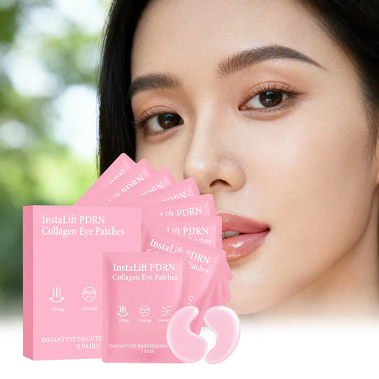 Instalift PDRN Collagen Eye Patches packaging with eye mask applicators and model showcasing bright skin.