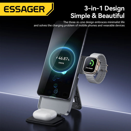 Essager 3-in-1 Portable Folding Wireless Charger Stand 15W Magnetic for iPhone 17/16 AirPods Apple Watch - MagSafe Fast Charging
