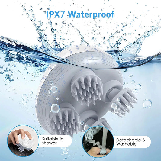 Woman using Deep Scalp Massager, an electric waterproof head and pet massage tool, smiling while enjoying a relaxing experience.