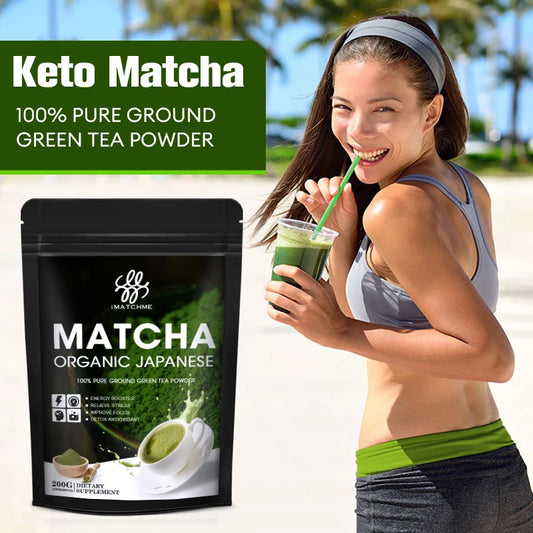 Original Matcha Supplement in a bag with a woman enjoying a green drink for energy and weight loss support.