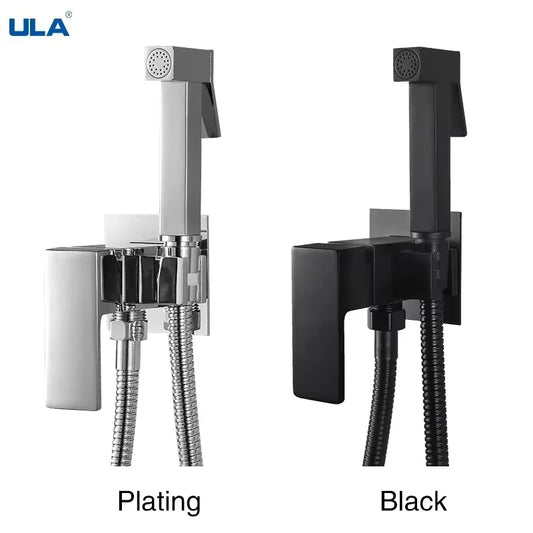 ULA Black Bidet Faucet wall mounted brass sprayer set with hot and cold options.