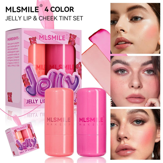 2PCS Jelly Lip & Cheek Tint Set with packaging and swatches showing natural blush and lip color.
