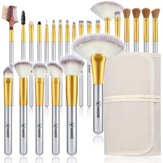 Elevate Your Makeup Game with the 24-Piece Premium Synthetic Fiber & Wooden Handle Brush Set - Includes Chic Cosmetic Bag in Champagne
