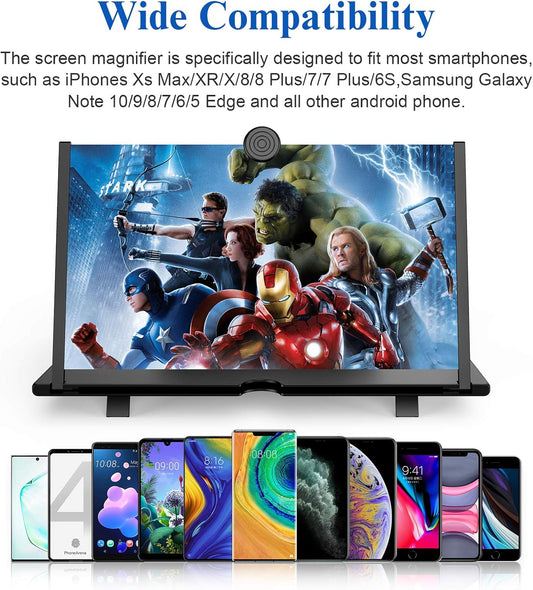 12" Screen Magnifier for Cell Phone, 3D HD Magnifying Projector Screen Enlarger for Movies, Videos and Gaming, Foldable Phone Stand with Screen Amplifier,Compatible with All Smartphones