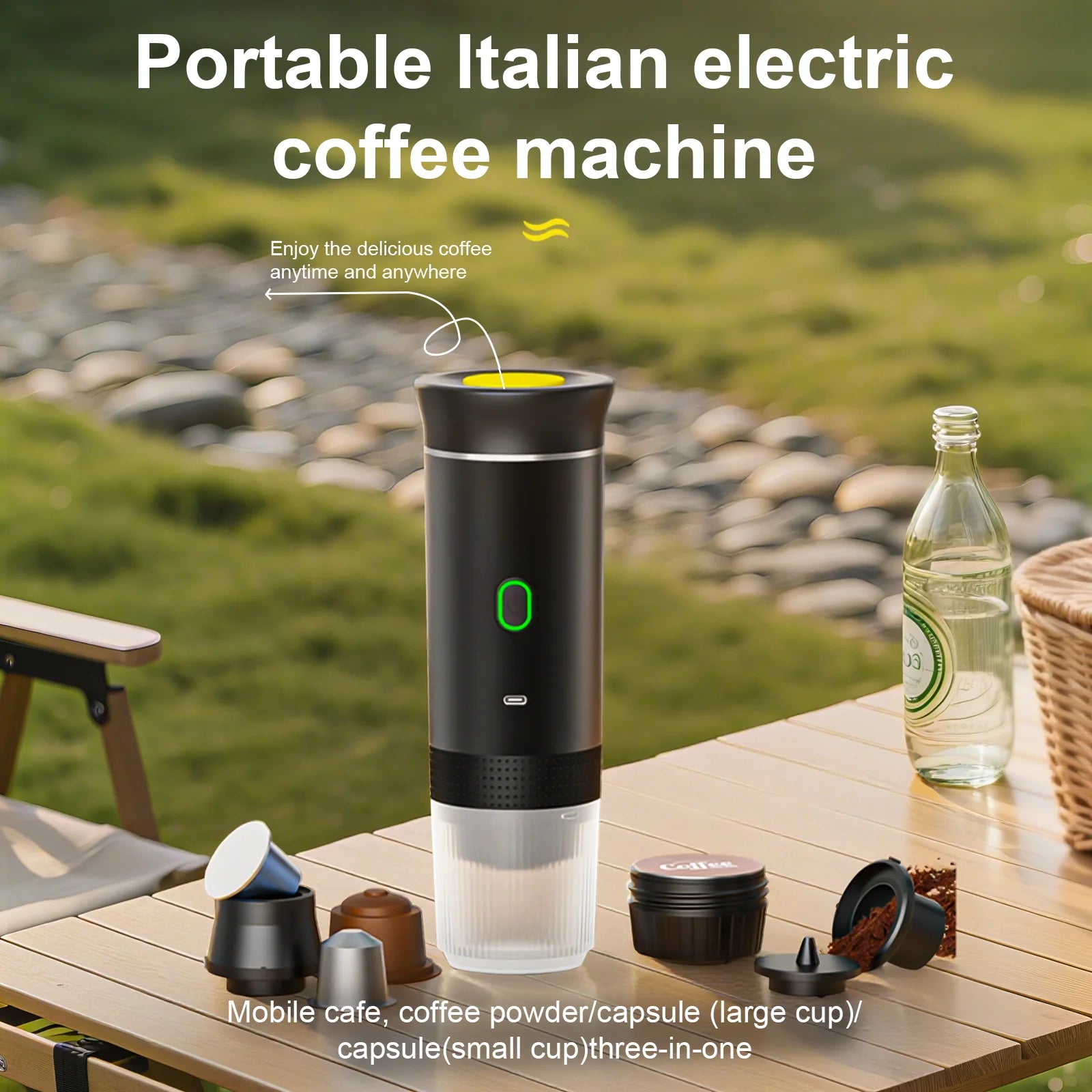 3-in-1 Portable Espresso Maker with Self-Heating Function, USB-C Connectivity, LED Display, 20 Bar Pressure, Compatible with Coffee Grounds and Capsules – Ideal for Travel, Car, RV, and Camping