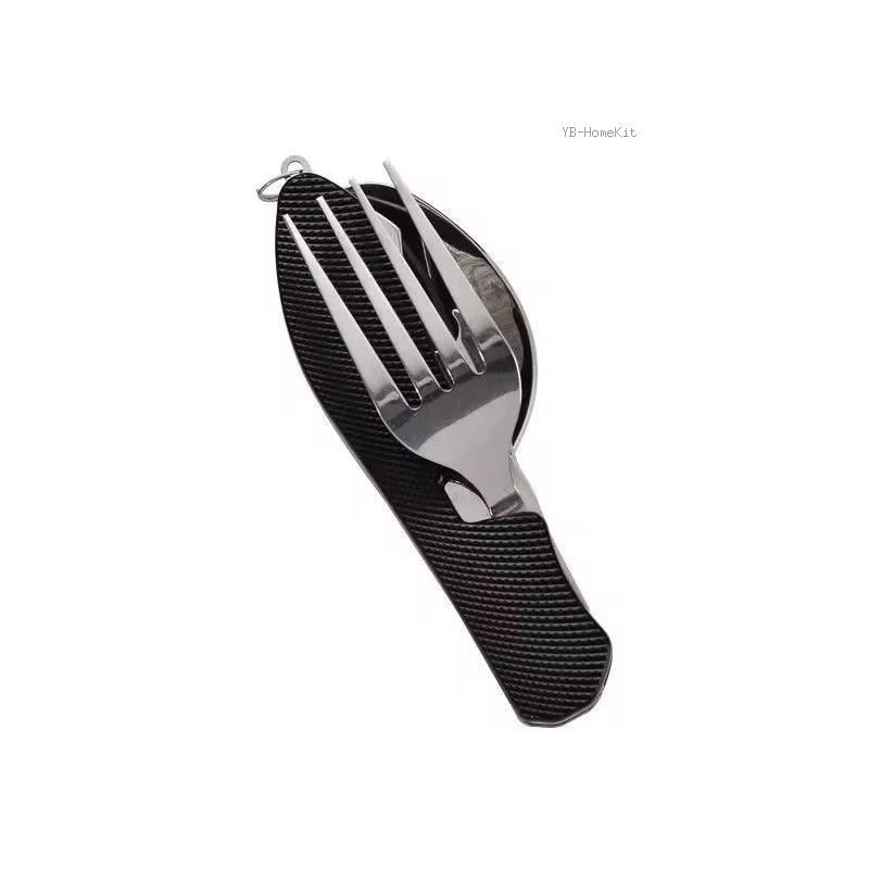 4-in-1 Stainless Steel Camping Utensils - Folding Pocket Cutlery Set for Hiking and Travel