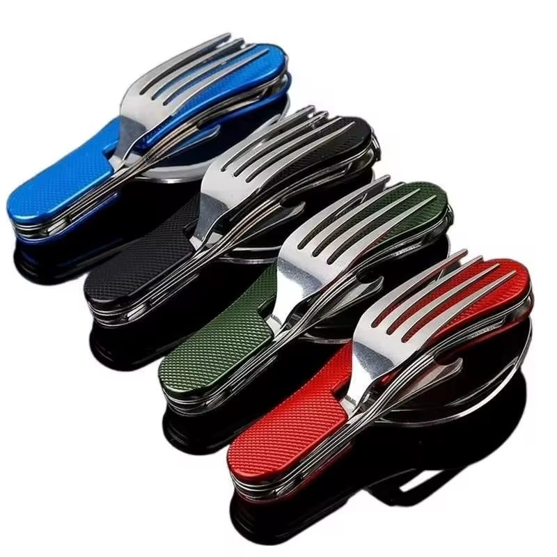 4-in-1 Stainless Steel Camping Utensils - Folding Pocket Cutlery Set for Hiking and Travel
