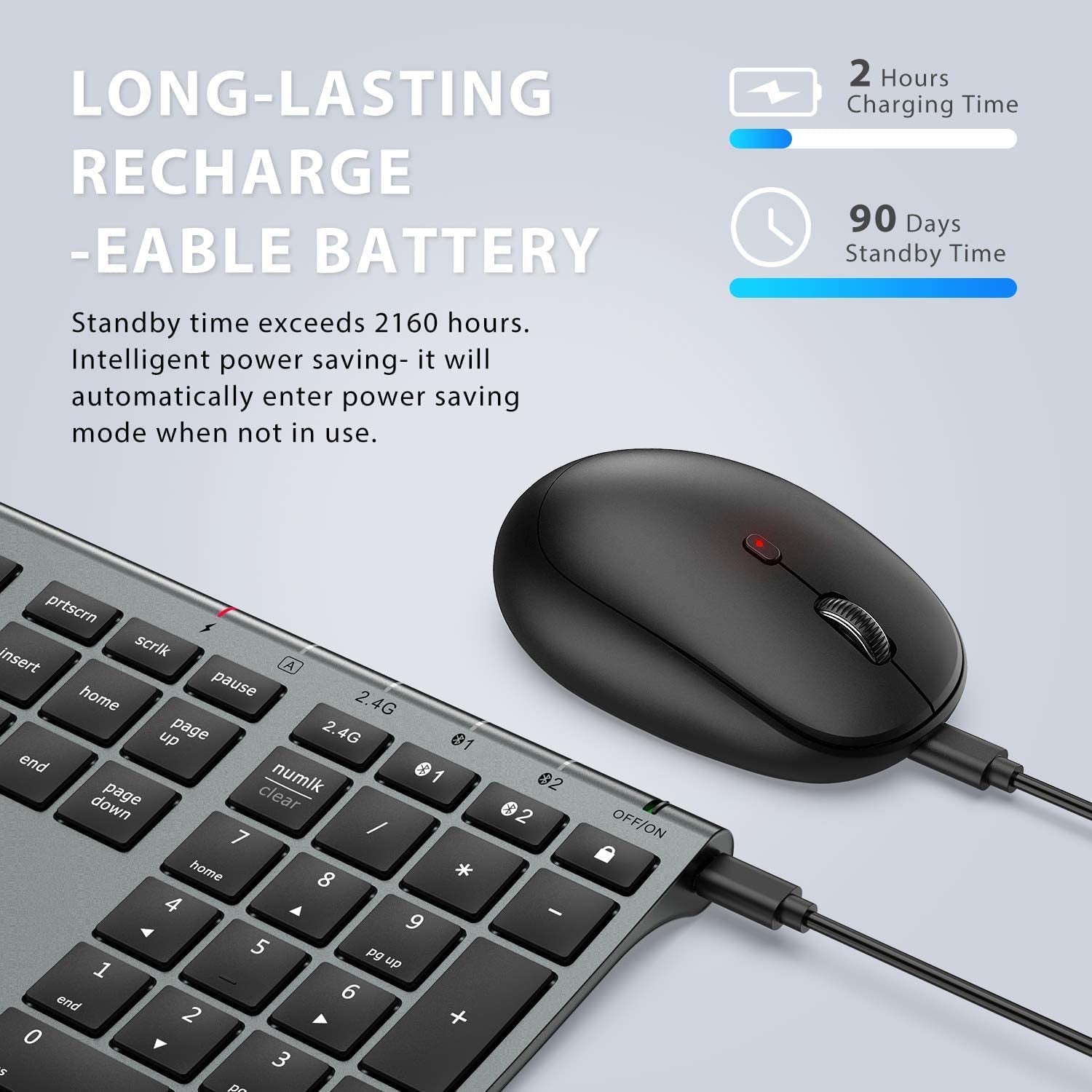 DK03 Rechargeable Dual-Mode Bluetooth Keyboard and Mouse Combo - Ultra-Slim Multi-Device Wireless Solution for Mac, iPad, Apple, Android, and Windows (Bluetooth 4.2 + 2.4G)