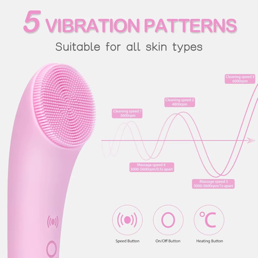 Rechargeable Silicone Facial Cleansing Brush with Heat Massage - Waterproof Face Scrubber for Men and Women in Pink