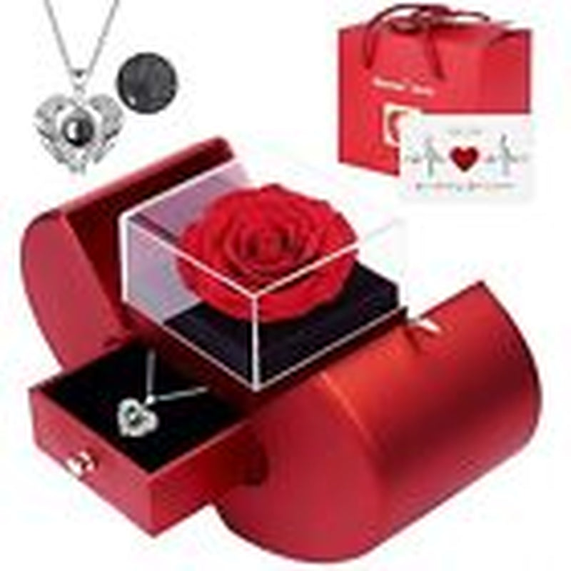 Preserved Real Rose with I Love You Necklace 100 Languages, Gifts for Red