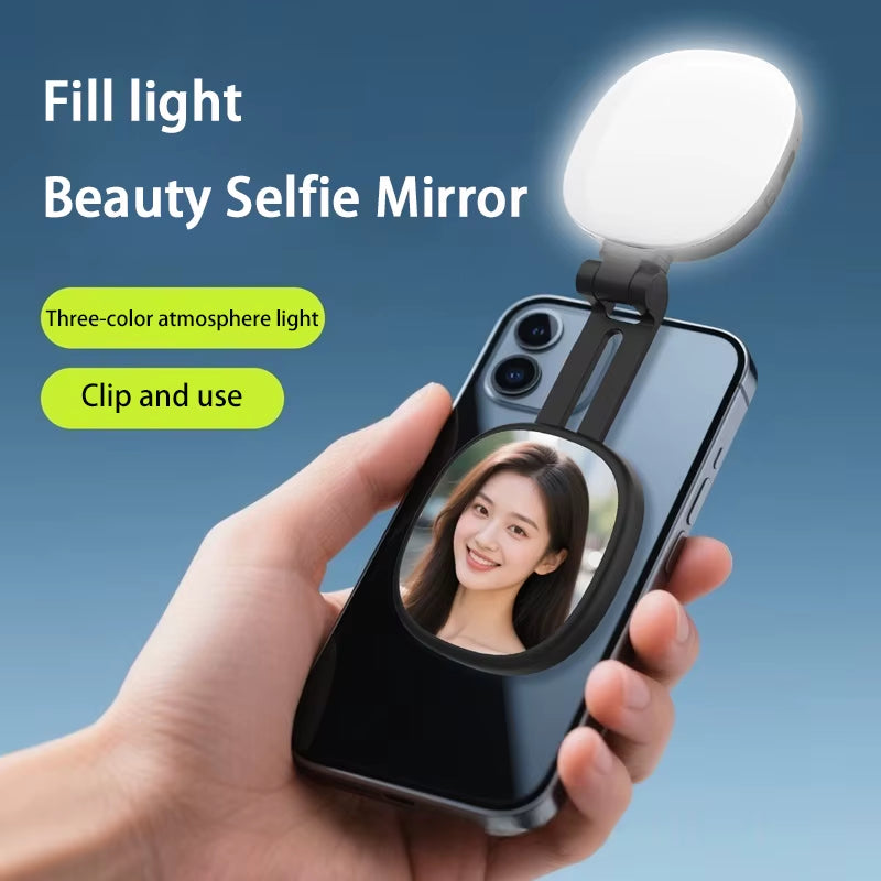 Mobile Phone Magnetic Selfie Fill Light with Foldable Makeup Mirror and LED Pocket Holder