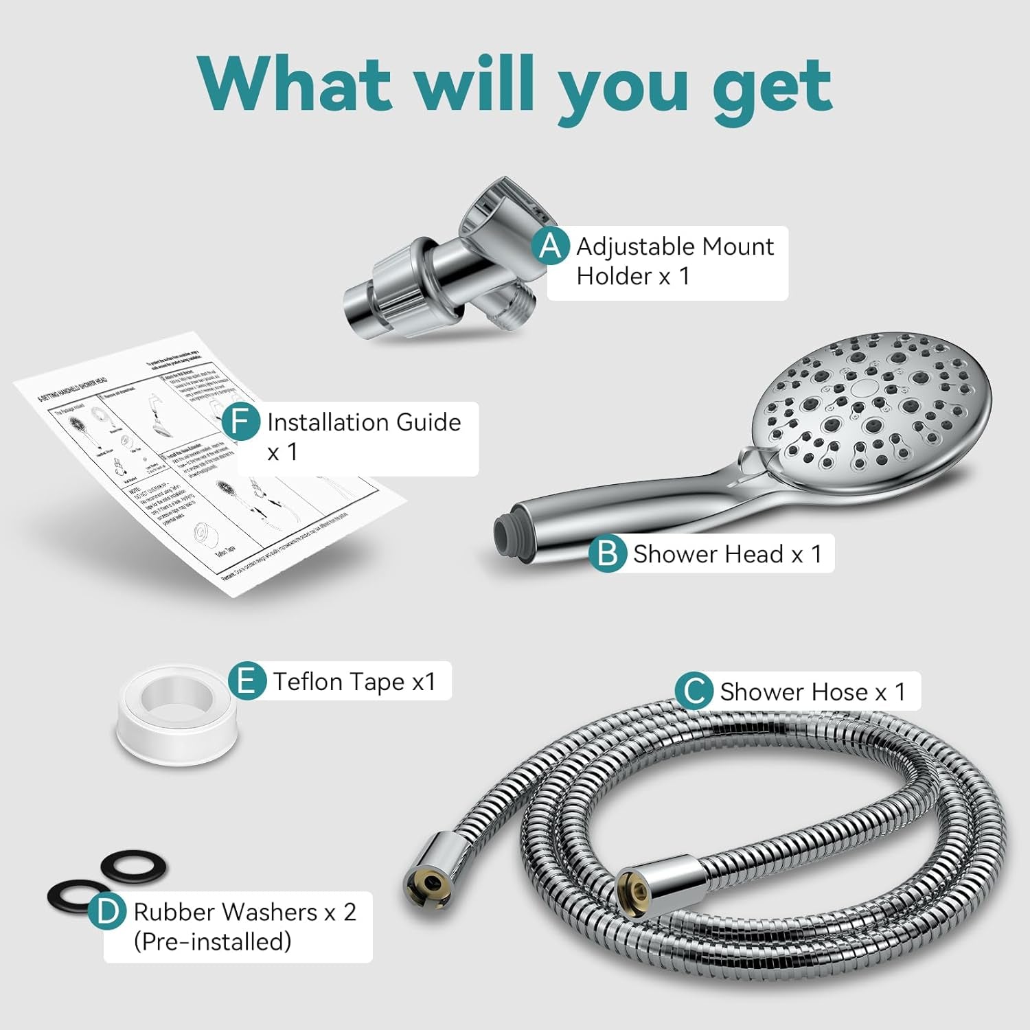 Professional High Pressure Handheld Shower Head with 6 Spray Settings, 4.3" High Flow Rain Showerhead Set, Includes 59" Stainless Steel Hose and Adjustable Bracket for Bathroom, Gym, and Hotel Use