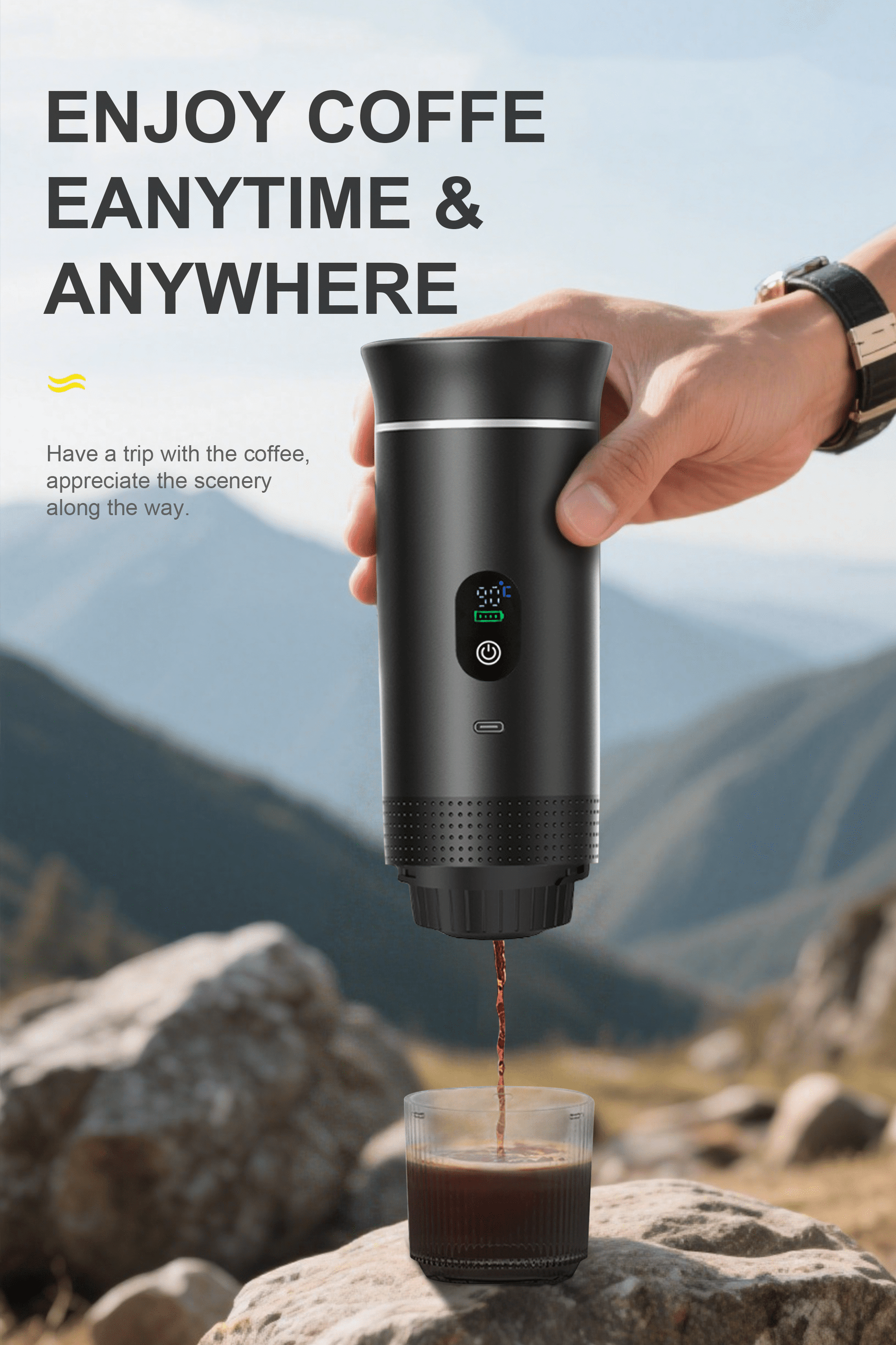 3-in-1 Portable Espresso Maker with Self-Heating Function, USB-C Connectivity, LED Display, 20 Bar Pressure, Compatible with Coffee Grounds and Capsules – Ideal for Travel, Car, RV, and Camping