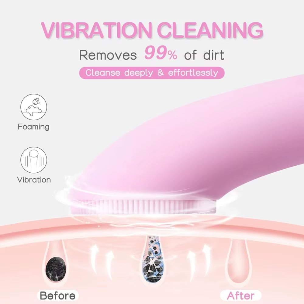 Rechargeable Silicone Facial Cleansing Brush with Heat Massage - Waterproof Face Scrubber for Men and Women in Pink