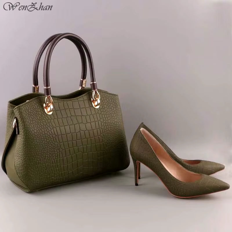 Top Grade Leather Woman Soft Shoes and Hand Bag Set Nice Style High Heels Shoes and Bag Set Size 36-43 High Quality