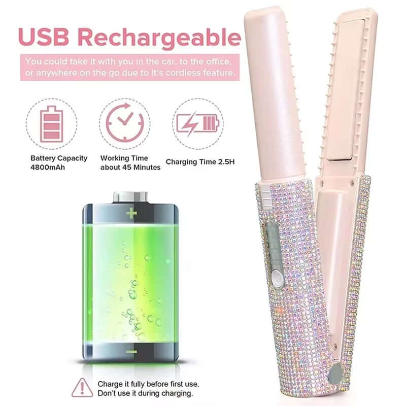 Transform Your Hair with the 2-in-1 Electric USB Hair Straightener and Curler – Fashionable Diamond Design for Effortless Styling on the Go!