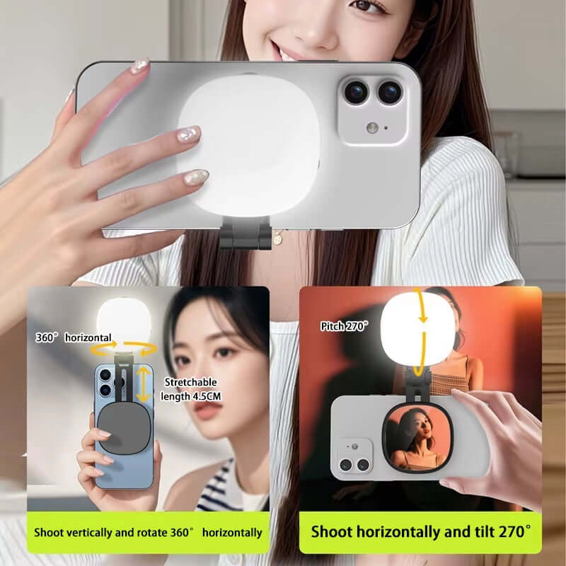 Mobile Phone Magnetic Selfie Fill Light with Foldable Makeup Mirror and LED Pocket Holder