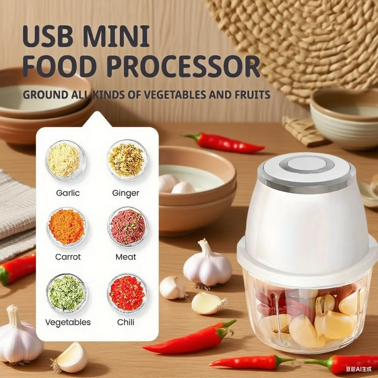 TINSOL 350Ml Mini Food Chopper Electric Meat Grinder Garlic Press USB Multi-Function Slicer Blender Kitchen Food Processor