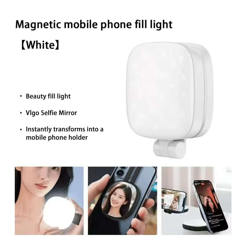 Mobile Phone Magnetic Selfie Fill Light with Foldable Makeup Mirror and LED Pocket Holder