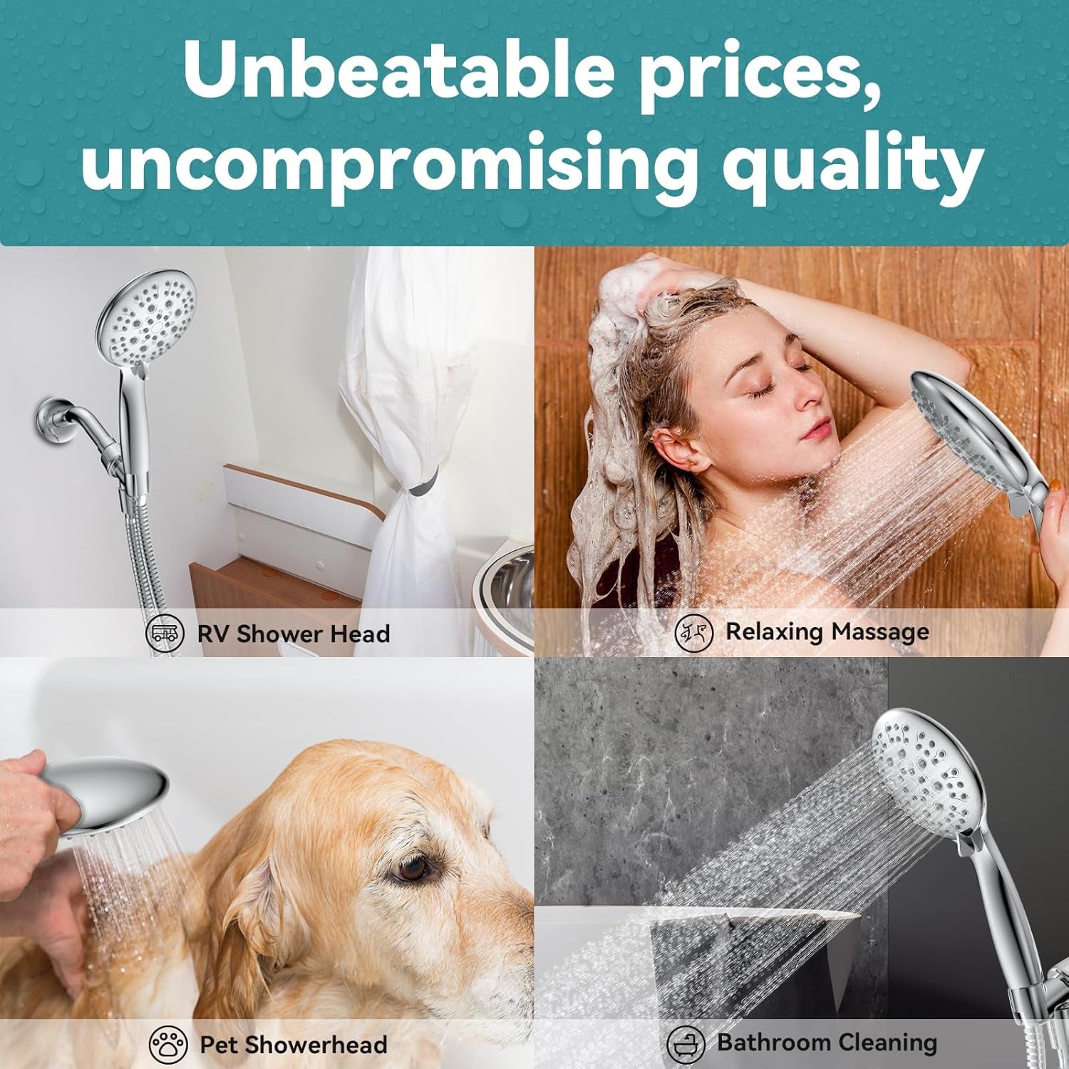 Professional High Pressure Handheld Shower Head with 6 Spray Settings, 4.3" High Flow Rain Showerhead Set, Includes 59" Stainless Steel Hose and Adjustable Bracket for Bathroom, Gym, and Hotel Use