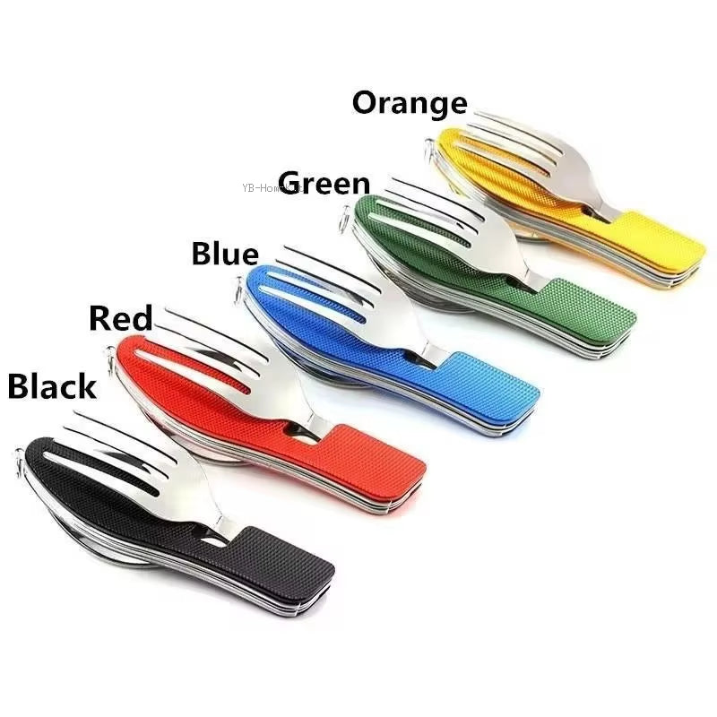 4-in-1 Stainless Steel Camping Utensils - Folding Pocket Cutlery Set for Hiking and Travel