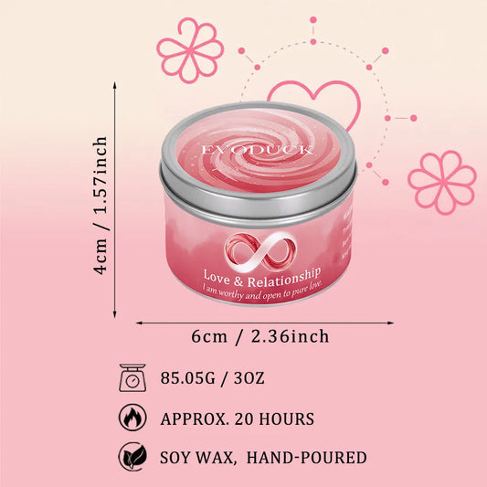Manifestation Scented Candle by EVODUCK, designed for love and energy boost, featuring a pink tin and candle flame.
