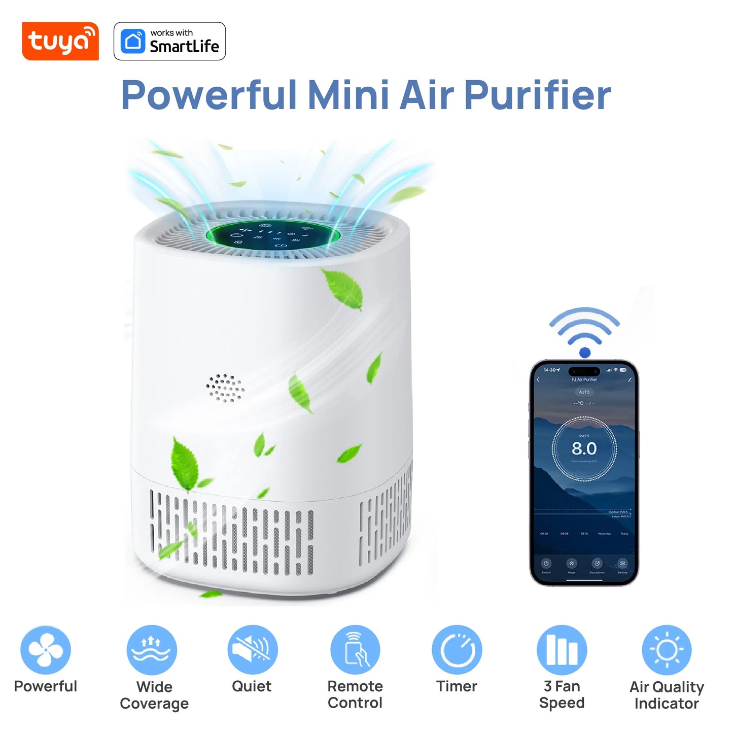 PJ07 Pro Tuya Smart Air Purifier, App Control & Timer,24dB 3-Speed H13 HEPA+Carbon,15㎡for Office/Study/Baby Room, Alexa/Google
