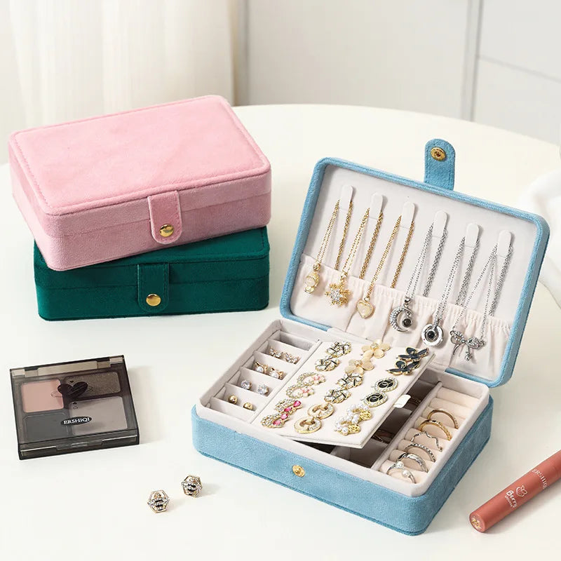 1pc Elegant Velvet Jewelry Organizer Box Portable Necklace Bracelet Earrings Rings Display Storage Boxes for Travel or Home Use