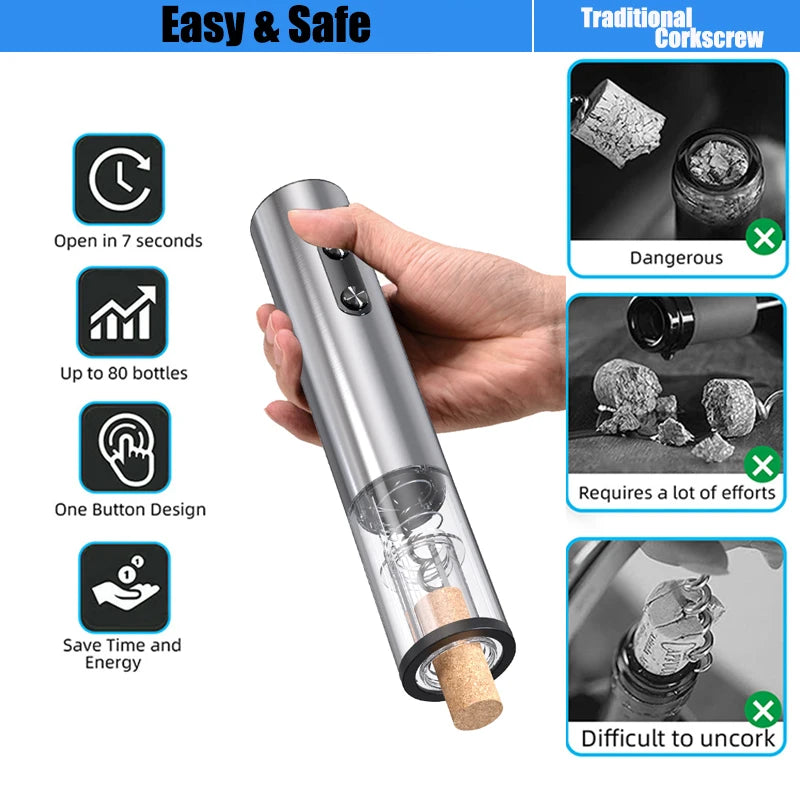 Electric Wine Opener Stainless Steel Wine Bottle Opener Wine Corkscrew with LED Light and Tin Cutter Bar Wine Tool