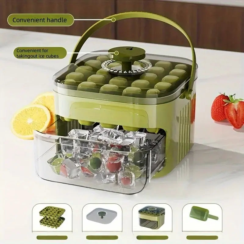 Handheld Ice Cube Mold 50 Grid with convenient handle and ice cube storage, ideal for easy ice making in kitchen.
