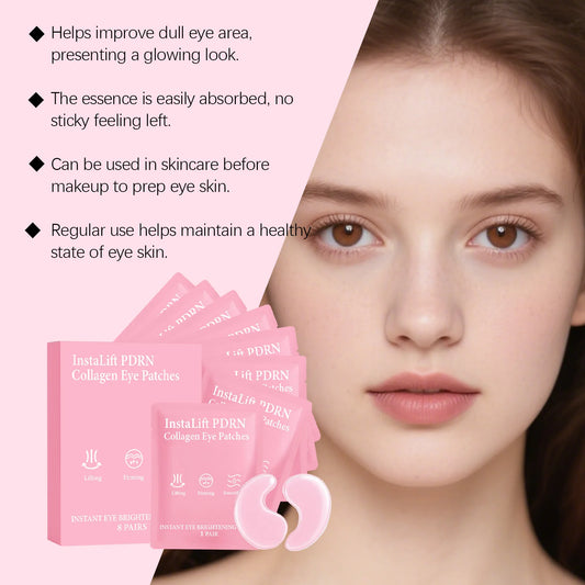 Instalift PDRN Collagen Eye Patches packaging with eye mask applicators and model showcasing bright skin.