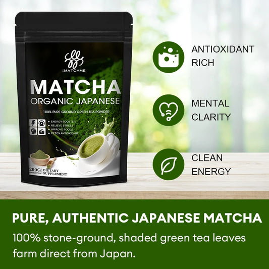 Original Matcha Supplement in a bag with a woman enjoying a green drink for energy and weight loss support.