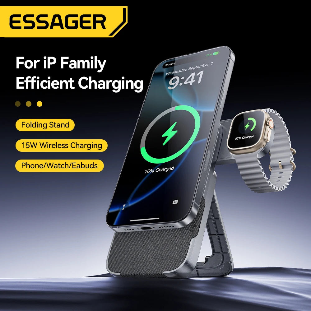 Essager 3-in-1 Portable Folding Wireless Charger Stand 15W Magnetic for iPhone 17/16 AirPods Apple Watch - MagSafe Fast Charging