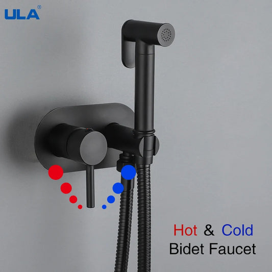 ULA Black Bidet Faucet wall mounted brass sprayer set with hot and cold options.