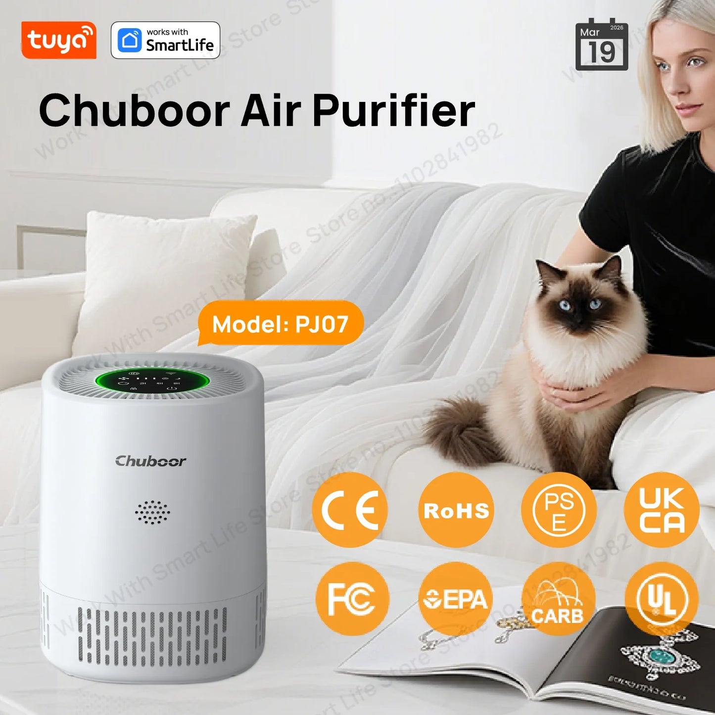 PJ07 Pro Tuya Smart Air Purifier, App Control & Timer,24dB 3-Speed H13 HEPA+Carbon,15㎡for Office/Study/Baby Room, Alexa/Google