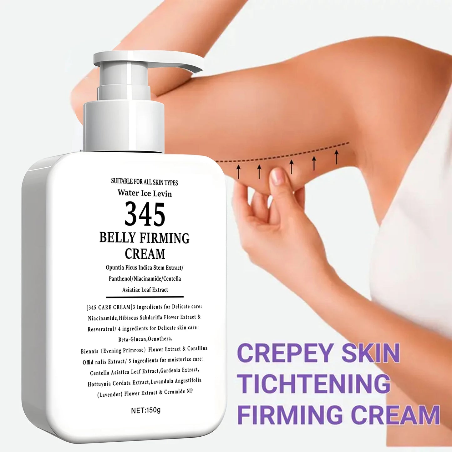 345 Belly Firming Cream Opuntia Stem Extract. Niacinamide Panthenol. Targets Crepey Skin. Tightens Firms. All Skin Types. 150g.