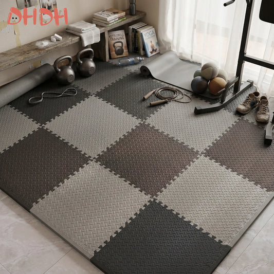 Gym Floor Mat for Home Workout – Interlocking anti-slip rubber exercise mat in a home gym setting.
