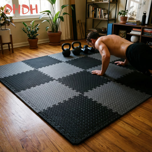 Gym Floor Mat for Home Workout – Interlocking anti-slip rubber exercise mat in a home gym setting.