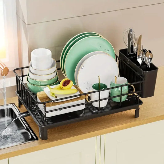 Rustproof Dish Drying Rack for kitchen countertop, holding plates, cups, and utensils, with a stylish black design.