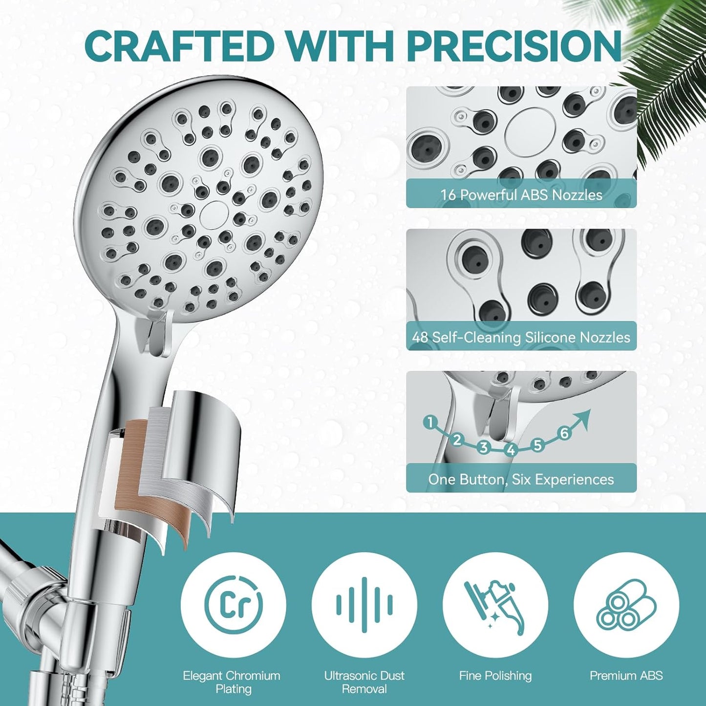 Professional High Pressure Handheld Shower Head with 6 Spray Settings, 4.3" High Flow Rain Showerhead Set, Includes 59" Stainless Steel Hose and Adjustable Bracket for Bathroom, Gym, and Hotel Use