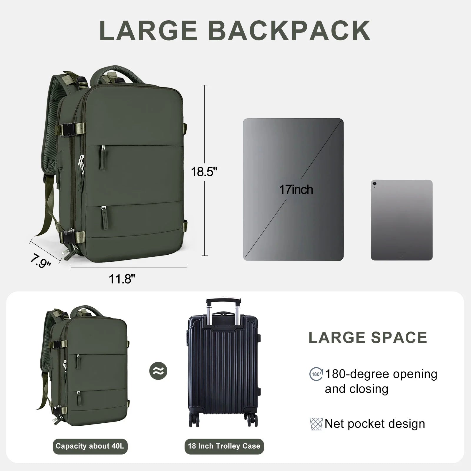 Large Travel Backpack for Women Men Laptop Bag Airline Approved Carry on Backpacks Waterproof anti Theft Gym Bags Hiking Flight Approved Luggage Casual Daypack, Large, Army Green