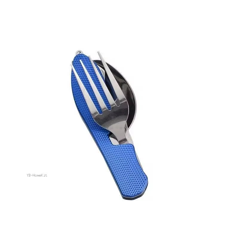 4-in-1 Stainless Steel Camping Utensils - Folding Pocket Cutlery Set for Hiking and Travel
