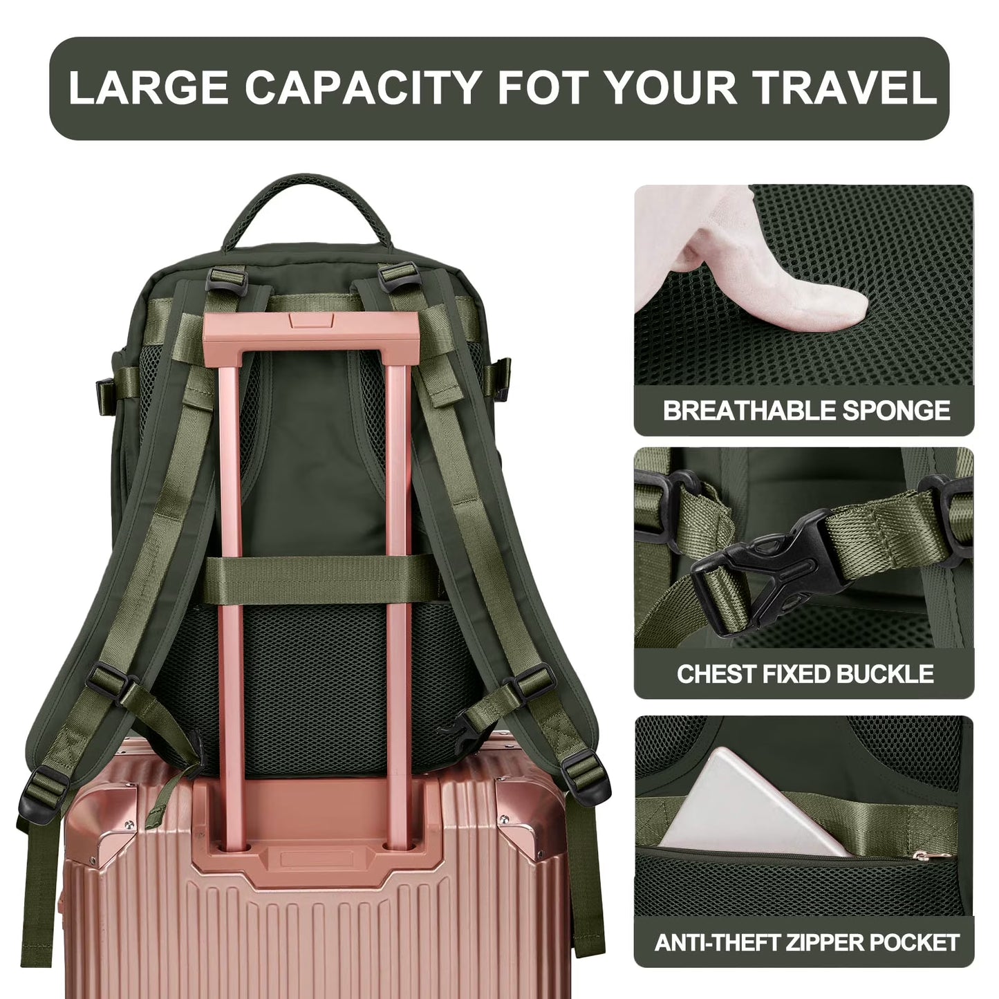 Large Travel Backpack for Women Men Laptop Bag Airline Approved Carry on Backpacks Waterproof anti Theft Gym Bags Hiking Flight Approved Luggage Casual Daypack, Large, Army Green