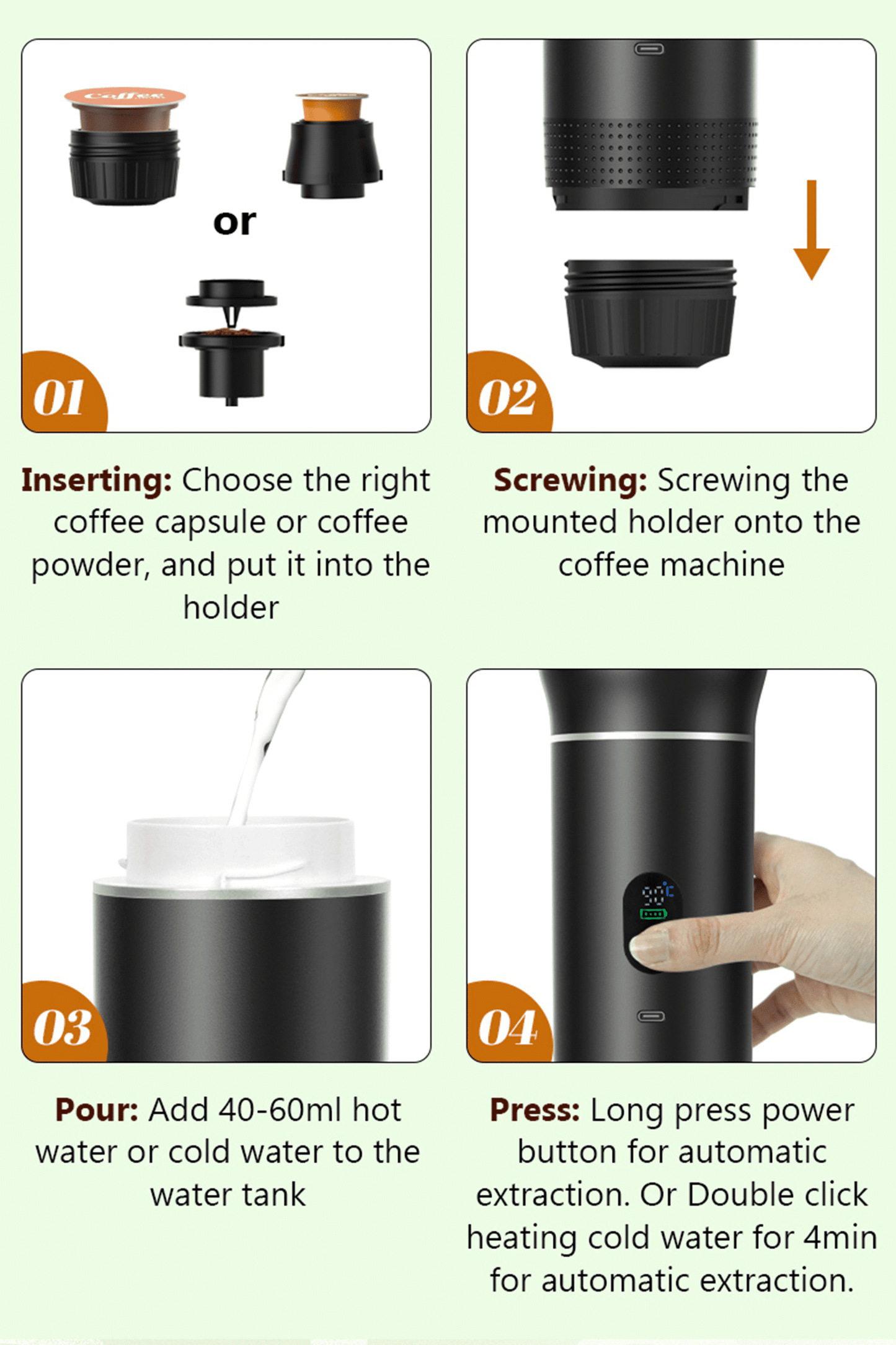 3-in-1 Portable Espresso Maker with Self-Heating Function, USB-C Connectivity, LED Display, 20 Bar Pressure, Compatible with Coffee Grounds and Capsules – Ideal for Travel, Car, RV, and Camping