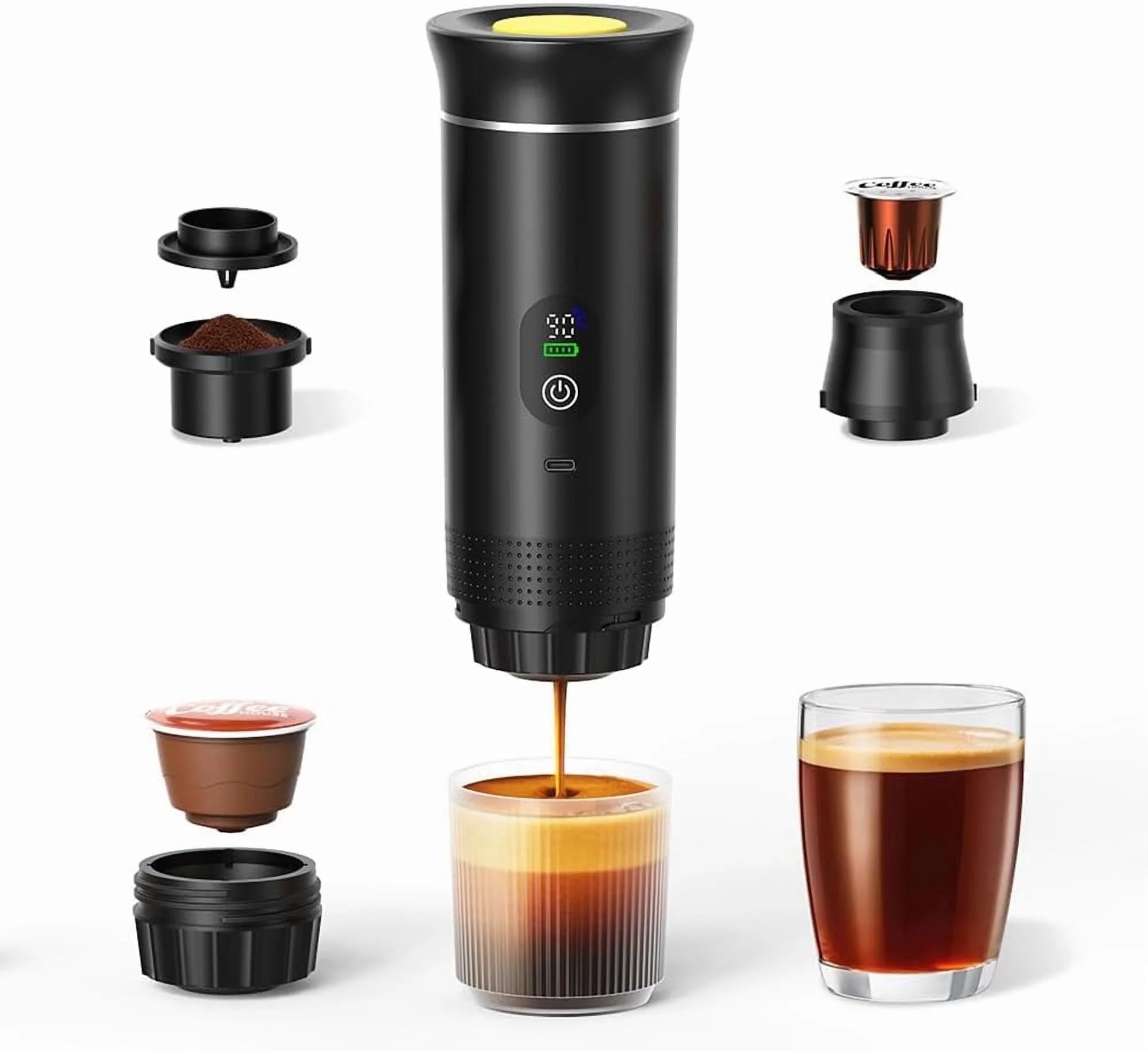 3-in-1 Portable Espresso Maker with Self-Heating Function, USB-C Connectivity, LED Display, 20 Bar Pressure, Compatible with Coffee Grounds and Capsules – Ideal for Travel, Car, RV, and Camping